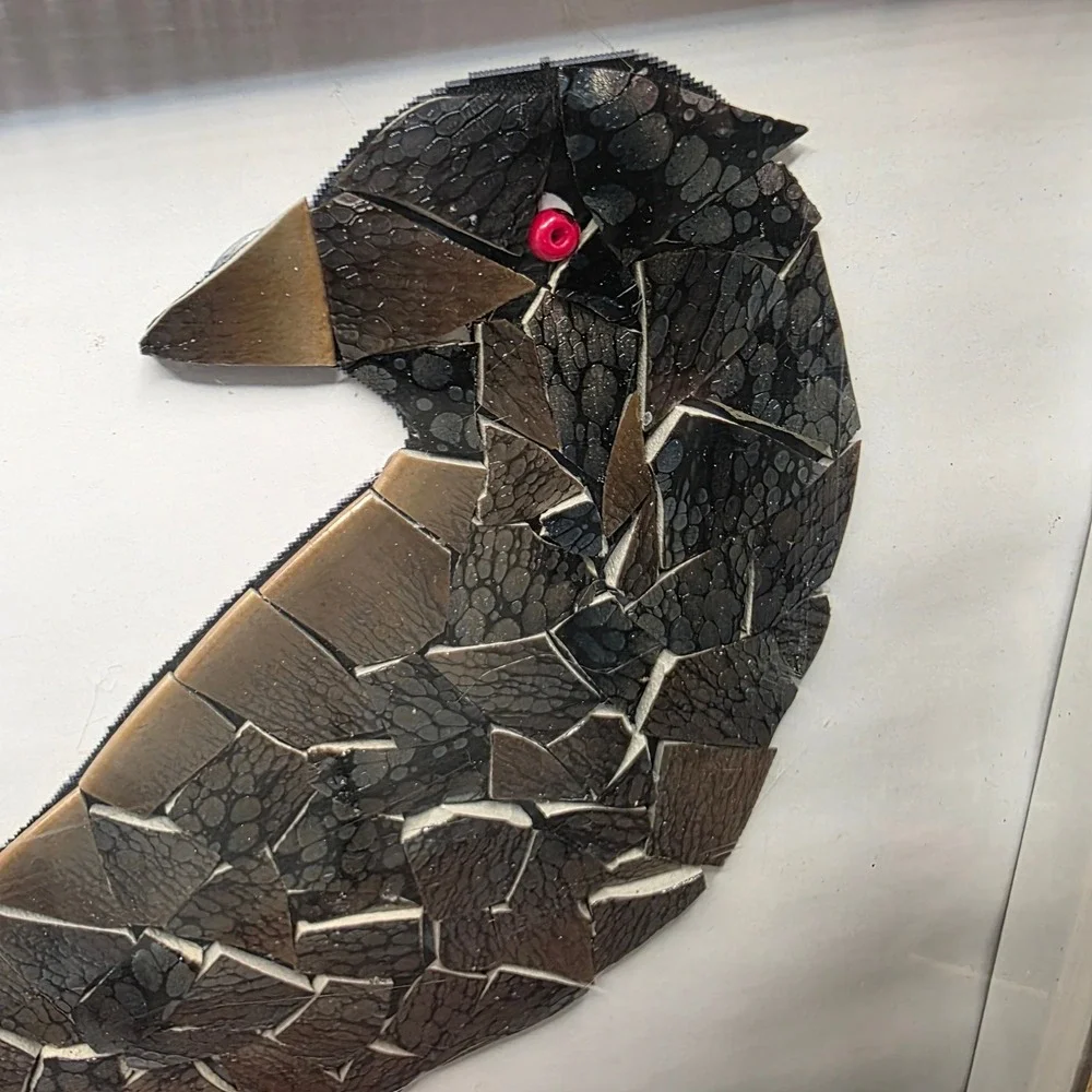 Handmade Mosaic Bird Art Framed Mixed Media Shard Wall Decor Signed with Seal